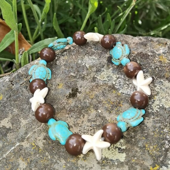 3 Bracciali Elastici Con Perline Turchesi – Conchiglie, Stelle Marine E Tartarughe – Stile Boho Per Spiaggia E Hawaii