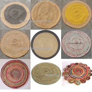 Indian Handmade Round Rag Rug Cotton Jute Circle Mat Modern Floor Rugs Bohemian Braided Jute Chindi Rug Home Décor Area Round Rag Rug