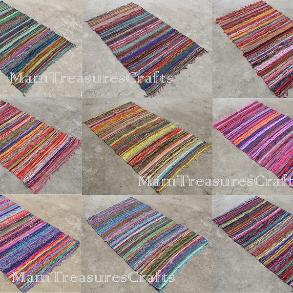 Grand tapis chindi Carpette en coton indien bohème, décoration de sol en chiffon, tapis en coton coloré, tapis de salon, tapis de salle de bain, jets de tapis en chiffon