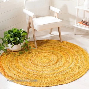 Round Indian Handmade Braided Yellow Chindi Rug Area Round Rug Home Decor Bohemian Indian Carpet Floor Decor Rag Rug Colorful Cotton Rug