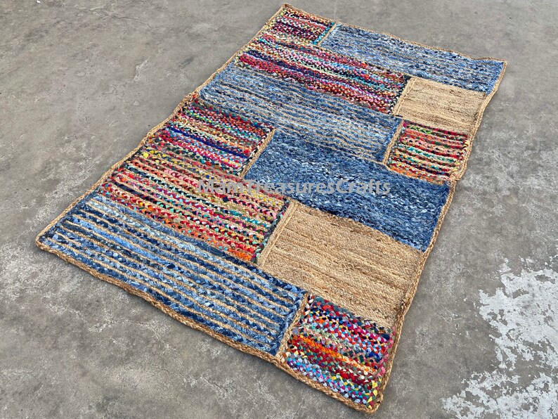 Large Patchwork Rug Handmade Rug Indian Rag Rug Chindi Indian Handmade