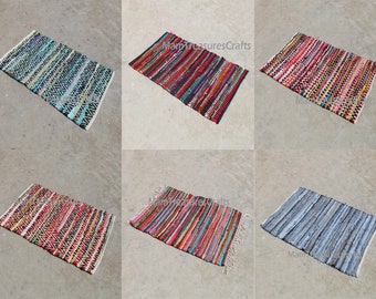 Indian Rag Chindi Throw Woven Handmade Cotton Floor Yoga Mat 2X3 FT Rug Dari 