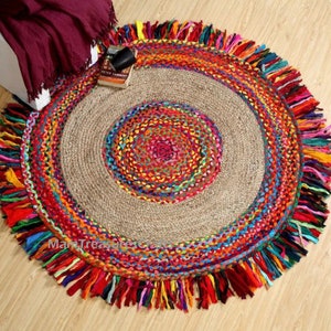 Indian Handmade Braided Jute Chindi Rug with Fringe Round Rug Home Decor Bohemian Indian Carpet Floor Decor Rag Rugs Colorful Cotton Rug