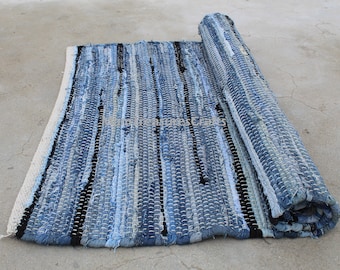 Chindi Rug Runner Floor Rug Denim Chindi Rag Rug Indian Handmade Braided Jute Area 2X7 Foot Rug Bohemian Indian Floor Carpet 2X6 Foot Rug