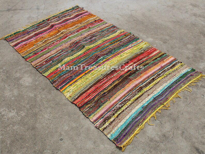 4X6 Yellow Rug Indian Rug Hand Woven Chindi Floor Mat Rectangular Area