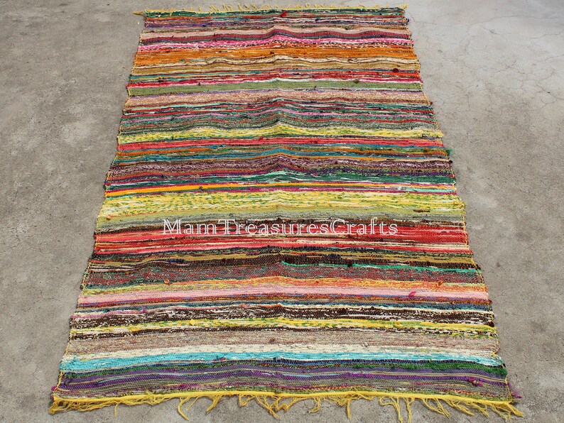 4X6 Yellow Rug Indian Rug Hand Woven Chindi Floor Mat Rectangular Area