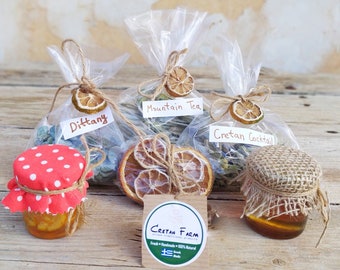 Greek Products Set with Raw honew, Orange marmalade, Greek mountain tea, Cretan Dittany or Cretan tea cocktail