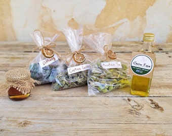 Greek Products Set with Olive oil, Raw honew, Greek mountain tea, Cretan Dittany and Cretan tea cocktail