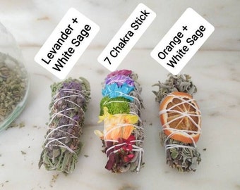 Smudge sticks White Sage, Sticks 7 chkra, levander, orange, set of 1/3/6/10/25/50