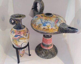 Ancient Greek amphora and oil lamp, ceramic vase