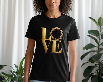 Christian Love Crown of Thorns Sweatshirt, Gold Effect Love Hoodie, Religious Graphic Tee, Faith Tank Top