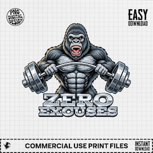 Imágenes prediseñadas de gorila en el gimnasio, gorila fitness digital PNG, levantamiento de pesas sin excusas, diseño de motivación para el gimnasio, culturismo SVG, imágenes prediseñadas de simio fuerte