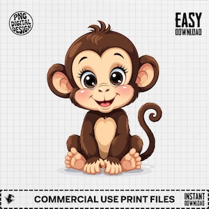May include: A cartoon illustration of a smiling monkey with brown fur, large eyes, and pink cheeks. The monkey is sitting with its tail curled. Text includes "PNG DIGITAL DESIGN", "EASY DOWNLOAD", "COMMERCIAL USE PRINT FILES", and "INSTANT DOWNLOAD".