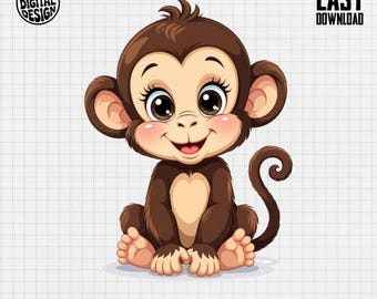 Baby Monkey Clipart, Cute Animal Clipart, Baby Nursery Clipart, Jungle Animal, Baby Shower Clipart, Monkey Png