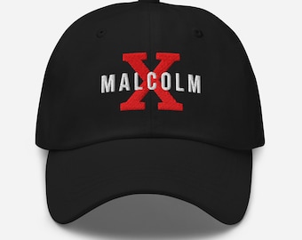 May include: Black baseball cap with a red embroidered "X" and the word "MALCOLM" in white lettering.