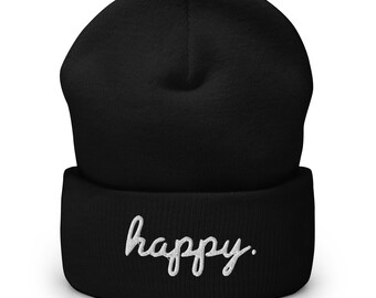 happy. Embroidered Beanie | Yellow Cuffed Knit Cap | Minimalist Cursive Winter Hat | Cuffed Beanie