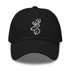 May include: Black baseball cap with a white embroidered outline of a deer head on the front. The cap has a curved brim and an adjustable strap at the back. A classic, casual accessory.
