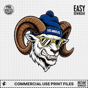 May include: A digital design of a ram's head wearing a blue beanie with "LOS ANGELES" text and yellow sunglasses. The ram has large brown horns and an angry expression. The image includes text that says "PNG DIGITAL DESIGN", "EASY DOWNLOAD", "COMMERCIAL USE PRINT FILES", and "INSTANT DOWNLOAD".