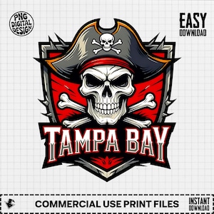 Puede incluir: Un diseño digital con una calavera que lleva un sombrero de pirata y una bandana roja, sobre un escudo rojo y negro. El texto "TAMPA BAY" se muestra debajo de la calavera. El diseño incluye el texto "PNG DIGITAL DESIGN", "EASY DOWNLOAD", "COMMERCIAL USE PRINT FILES" y "INSTANT DOWNLOAD".