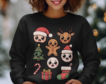 Kawaii Christmas Shirt Cute Holiday Sweatshirt Anime Xmas Characters Hoodie Festive Winter Graphic Tee Gingerbread Tree Reindeer Apparel
