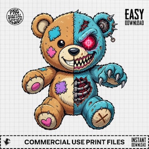 Cyborg Teddy Bear Clipart, Creepy Cute Robot Bear PNG, Dark Aesthetic Digital Download, Gamer Tattoo Art, Halloween Spooky Design