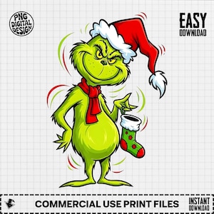 Puede incluir: Diseño digital de un personaje de dibujos animados verde con gorro y bufanda rojos de Papá Noel, sosteniendo un calcetín navideño. El diseño incluye el texto "PNG DIGITAL DESIGN", "EASY DOWNLOAD" y "COMMERCIAL USE PRINT FILES".