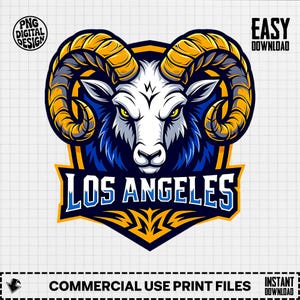 May include: A digital design featuring a ram's head with large, curved horns in yellow and gray. The ram has a white face, yellow eyes, and blue fur. The text "LOS ANGELES" is displayed in blue and yellow, with additional text indicating "EASY DOWNLOAD" and "COMMERCIAL USE PRINT FILES".