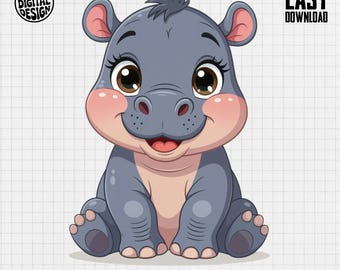 Baby Hippo Clipart, Cute Baby Animal Clipart, Baby Nursery Clipart, Jungle Safari, Baby Shower Clipart, Baby Hippo Png