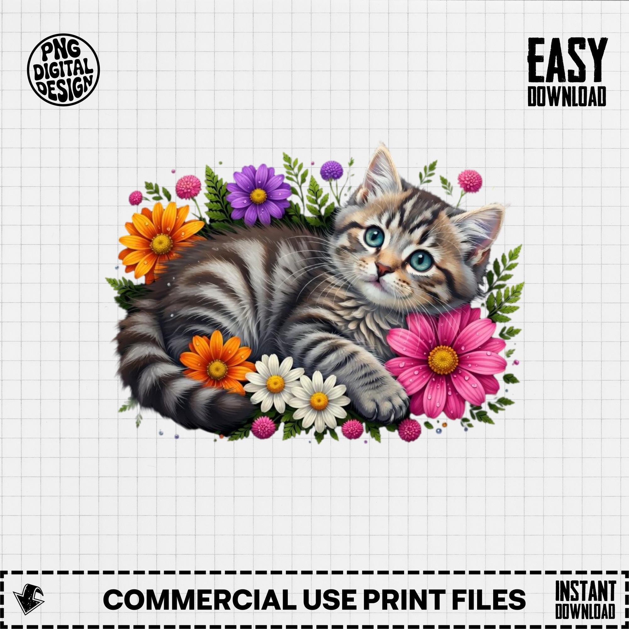 Cute Kitten Clipart, Floral Baby Cat Png, Nursery Animal Digital Art ...