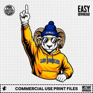 Puede incluir: Una ilustración digital de un carnero que lleva una sudadera con capucha amarilla con "LOS ANGELES" impreso, un gorro azul con "LOS ANGELES" y gafas de sol. El carnero levanta su dedo índice. La imagen incluye el texto "PNG DIGITAL DESIGN" y "EASY DOWNLOAD".