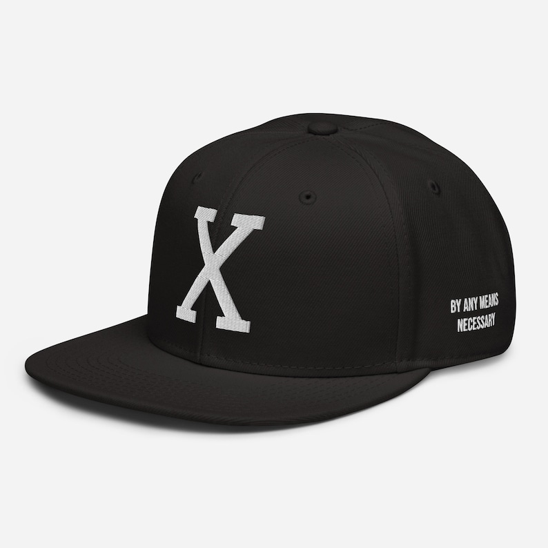 Embroidered Malcolm X "X" Black History Snapback Hat. Honor civil rights activism with this stylish hat featuring Malcolm X’s iconic "X" symbol. Perfect for African American pride, Black empowerment, and hip-hop fashion.