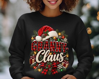 Granny Claus Shirt, Plaid Christmas Sweatshirt, Santa Granny Hoodie, Buffalo Plaid Xmas Wreath Top, Cute Grandmother Holiday Gift