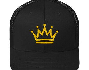 Gold Crown Embroidered Trucker Hat, Royalty King Queen Black Mesh Snapback, Unisex Casual Summer Hat Gift