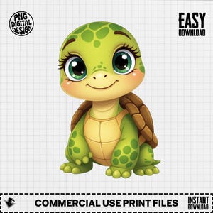 Può includere: Illustrazione di un cartone animato di una tartaruga sorridente con grandi occhi espressivi e un guscio marrone. La tartaruga è principalmente verde con macchie verde chiaro e un ventre giallo. Il testo include "PNG DIGITAL DESIGN", "EASY DOWNLOAD" e "COMMERCIAL USE PRINT FILES".