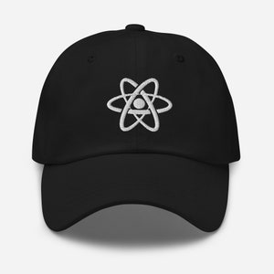 May include: Black baseball cap with a white embroidered atom symbol on the front. The cap has a curved brim and an adjustable strap at the back. A classic, casual accessory.