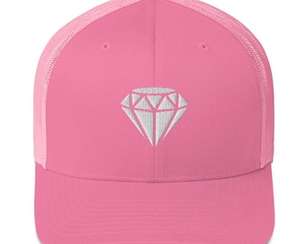 Diamond Embroidered Trucker Hat, Minimalist Black Mesh Snapback Cap, Geometric Gem Streetwear Hat Trucker Cap