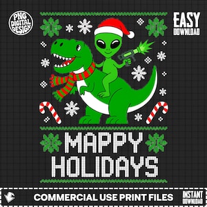 Könnte beinhalten: Digitales Design mit einem grünen Dinosaurier und einem grünen Alien mit Weihnachtsmütze und Laserpistole. Der Text "MAPPY HOLIDAYS" wird darunter mit Schneeflocken und Zuckerstangen angezeigt.