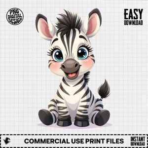 Può includere: Illustrazione di un cartone animato di un baby zebra con strisce bianche e nere, grandi occhi blu e un'espressione sorridente. La zebra è seduta con le gambe incrociate. L'immagine include il testo "PNG DIGITAL DESIGN", "EASY DOWNLOAD", "COMMERCIAL USE PRINT FILES" e "INSTANT DOWNLOAD".