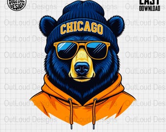May include: A digital graphic of a bear wearing a blue beanie with "CHICAGO" in gold letters, orange sunglasses, and an orange hoodie. The image includes the text "PNG DIGITAL DESIGN" and "COMMERCIAL USE PRINT FILES".