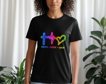 Neon Faith Hope Love Sweatshirt, Christian Heartbeat Cross Hoodie, Religious Tee, Trendy Faith T-Shirt