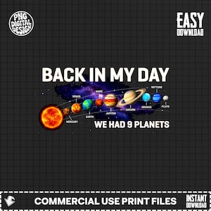 Back In My Day 9 Planets Digital Art, Pluto Planet Design, Solar System PNG, Science Humor, Nostalgic Gift, Astronomy Graphic Print