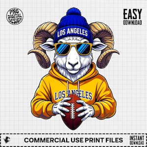 Puede incluir: Ilustración digital de un carnero con gorro azul y gafas de sol, con una sudadera amarilla que dice "LOS ANGELES". El carnero sostiene un balón de fútbol. La imagen incluye el texto "PNG DIGITAL DESIGN".