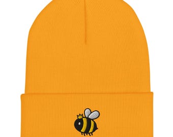 Cute Bumble Bee Embroidered Beanie | Save the Bees Knit Hat | Honey Bee Gift | Nature Lover | Cuffed Beanie Unisex