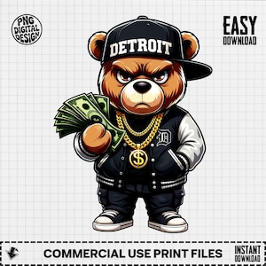 Detroit Money Bear digital nedladdning, hiphop urban djurkonst PNG, gangsta rappare Drip Bear Clipart, dollartecken guldkedja bild