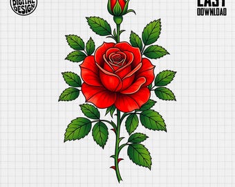 Red Rose Digital Art, Floral Clipart, Rose Illustration, Flower Graphic, Printable Rose, Wedding Digital Image, Romantic Digital Download