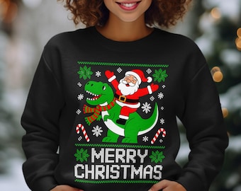 Santa Riding T Rex Shirt, Retro Dino Christmas Sweatshirt, Funny Ugly Christmas Sweater Aesthetic Hoodie, Festive Holiday Apparel