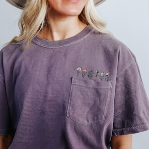Minimal Embroidered Flower Pocket Tee - Spring Floral T Shirt - Flower Lover T Shirt
