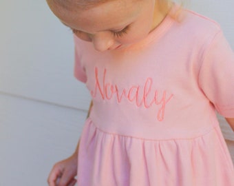 Organic Cotton Toddler Baby Girl Ribbed Embroidered Dress - Custom Name Outfit - 100% Organic Cotton - Short Sleeve - Baby Girl Dress