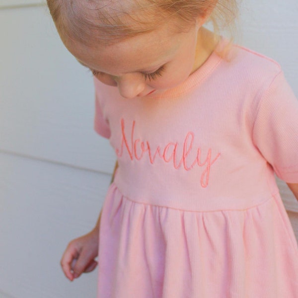 Organic Cotton Toddler Baby Girl Ribbed Embroidered Dress - Custom Name Outfit - 100% Organic Cotton - Short Sleeve - Baby Girl Dress