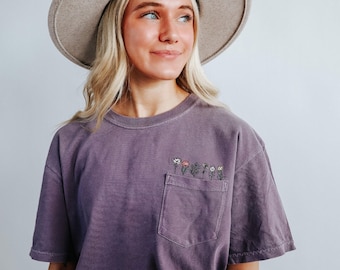 Comfort Colors Embroidered Floral Wildflower POCKET TEE-  Short Sleeve Shirt - Personalized - Garment Dyed Short Sleeve - Women’s Tee